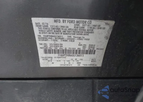 2016 Ford Taurus Sel z USA, uszkodzony, nr VIN 1FAHP2H86GG136015